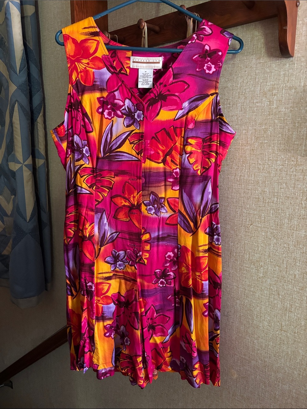 Expressions Vibrant Floral Romper/Dress in Fuchsia, Orange & Purple